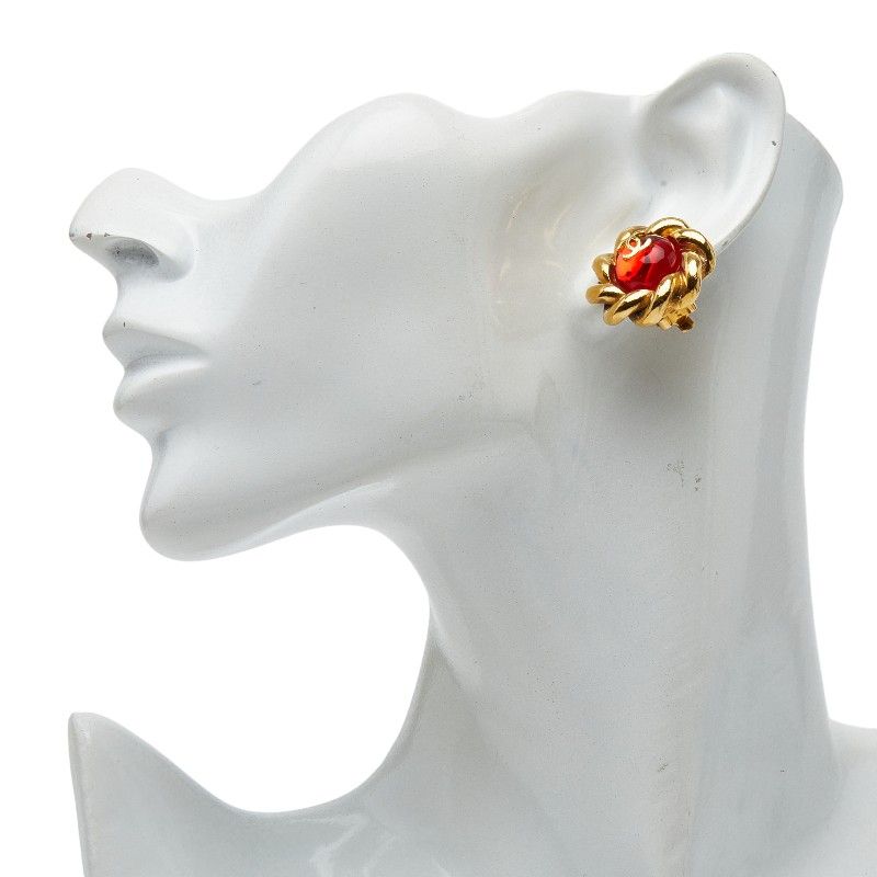 Chanel CC Logo Gripoix Gold Red Plated Glass