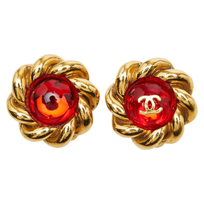 Chanel CC Logo Gripoix Gold Red Plated Glass