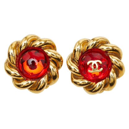 Chanel CC Logo Gripoix Gold Red Plated Glass