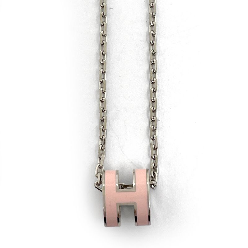 Hermes Mini Pop Necklace Pop Logo Necklace Metal Silver Pink