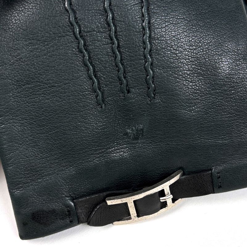 Hermes Logo Gloves Cold Protection Stitching Gloves Leather Dark Green