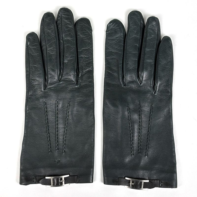 Hermes Logo Gloves Cold Protection Stitching Gloves Leather Dark Green