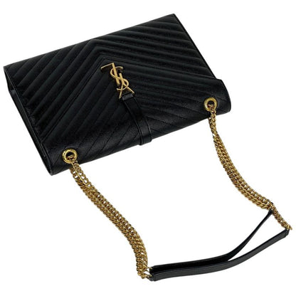 Saint Laurent Yves Logo Chain Shoulder Bag Leather Black