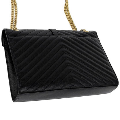 Saint Laurent Yves Logo Chain Shoulder Bag Leather Black