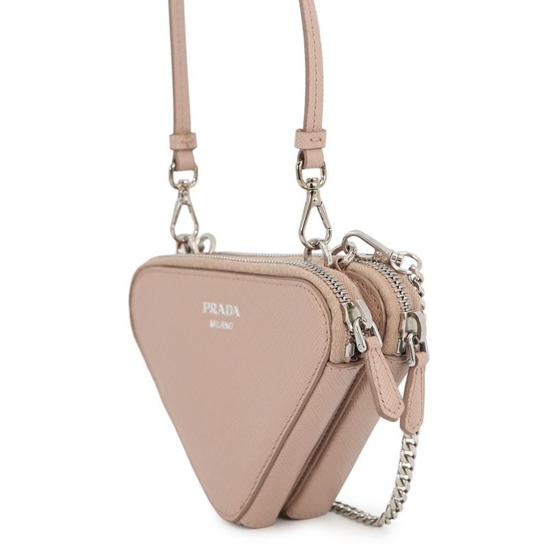 Prada Shoulder Bag Saffiano Triangle Mini Pouch Leather 2-Way Pink Beige