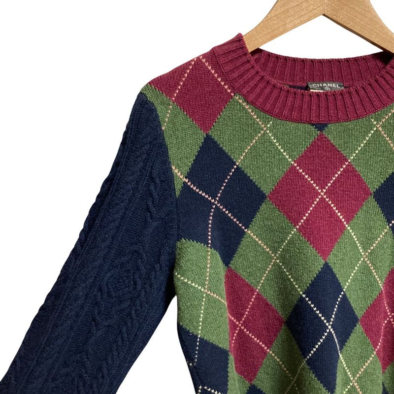 Chanel Agile Check Cable Knit Sleeve Cashmere Sweater 36 Multicolor