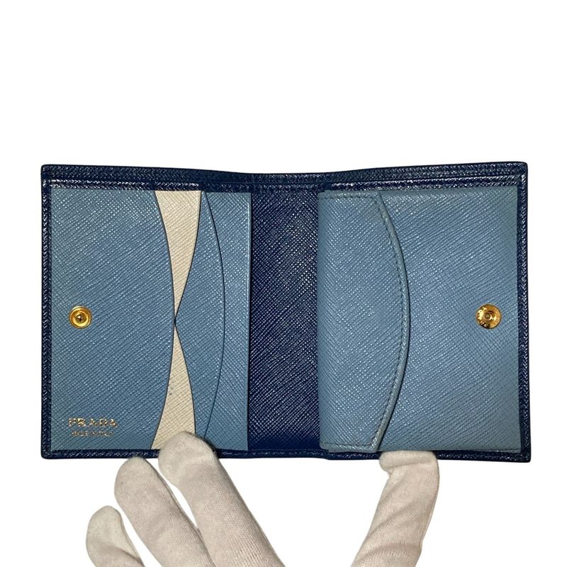 Prada Saffiano Multic Leather Compact Wallet Blue