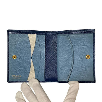 Prada Saffiano Multic Leather Compact Wallet Blue