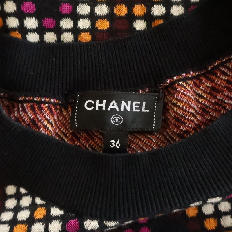 Chanel Geometric CC Logo Mini Plate Crew Neck Cotton Knit Sweater Black