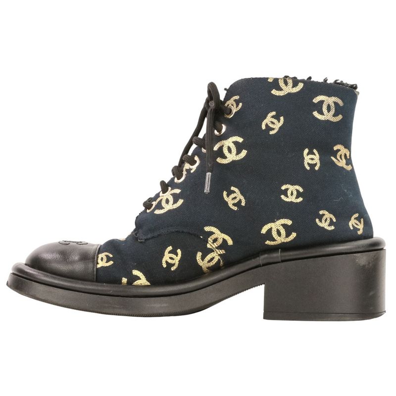Chanel CC Logo Print Canvas Lamfa Short Boots 37 Black