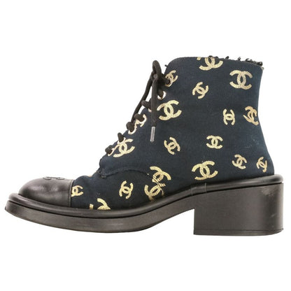 Chanel CC Logo Print Canvas Lamfa Short Boots 37 Black