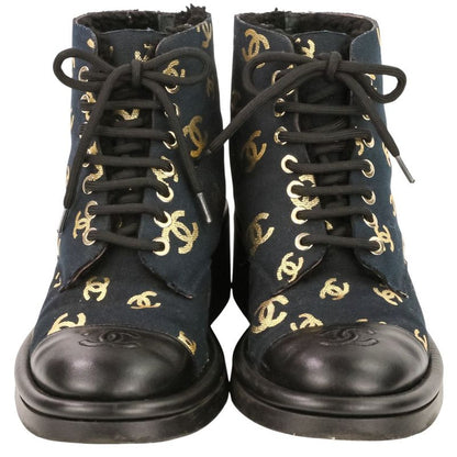 Chanel CC Logo Print Canvas Lamfa Short Boots 37 Black