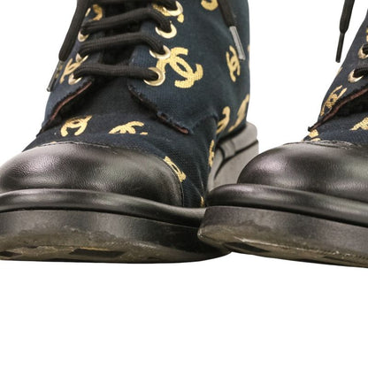 Chanel CC Logo Print Canvas Lamfa Short Boots 37 Black