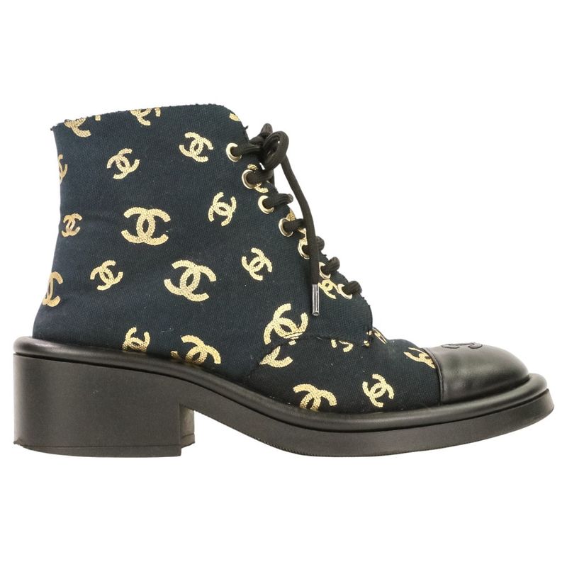 Chanel CC Logo Print Canvas Lamfa Short Boots 37 Black