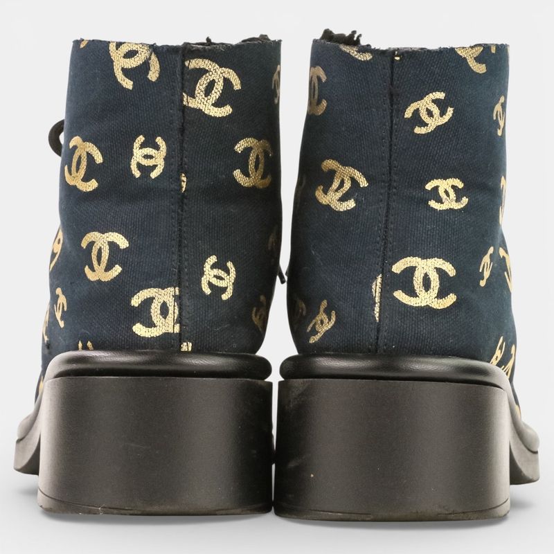 Chanel CC Logo Print Canvas Lamfa Short Boots 37 Black