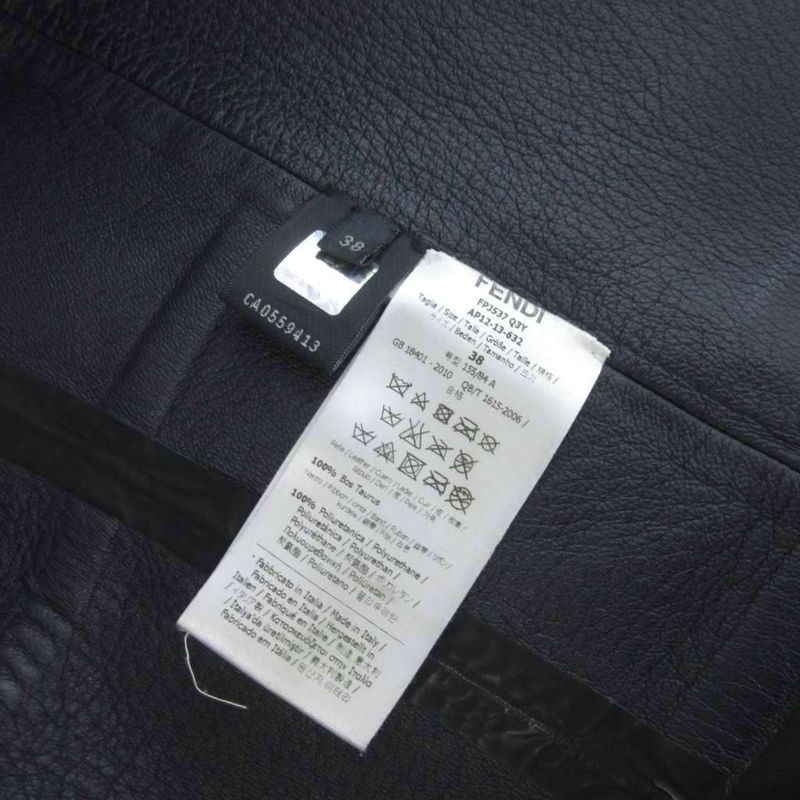 Fendi Leather Rider's Jacket Plaid Pattern Black 38