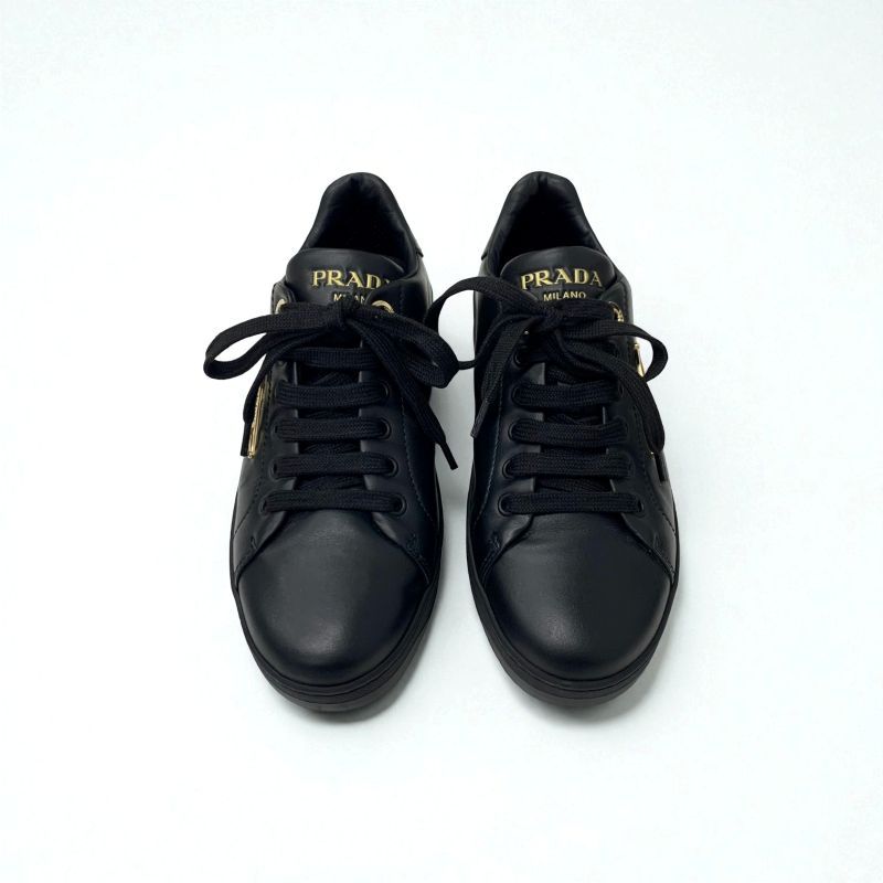 Prada Sneakers Shoes Leather Black Gold Triangle Logo