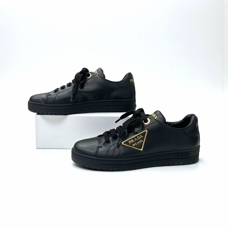 Prada Sneakers Shoes Leather Black Gold Triangle Logo