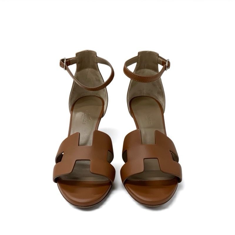 Hermes Legend Sandals Shoes Leather Brown Ankle Strap Wedge Sole