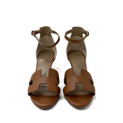 Hermes Legend Sandals Shoes Leather Brown Ankle Strap Wedge Sole