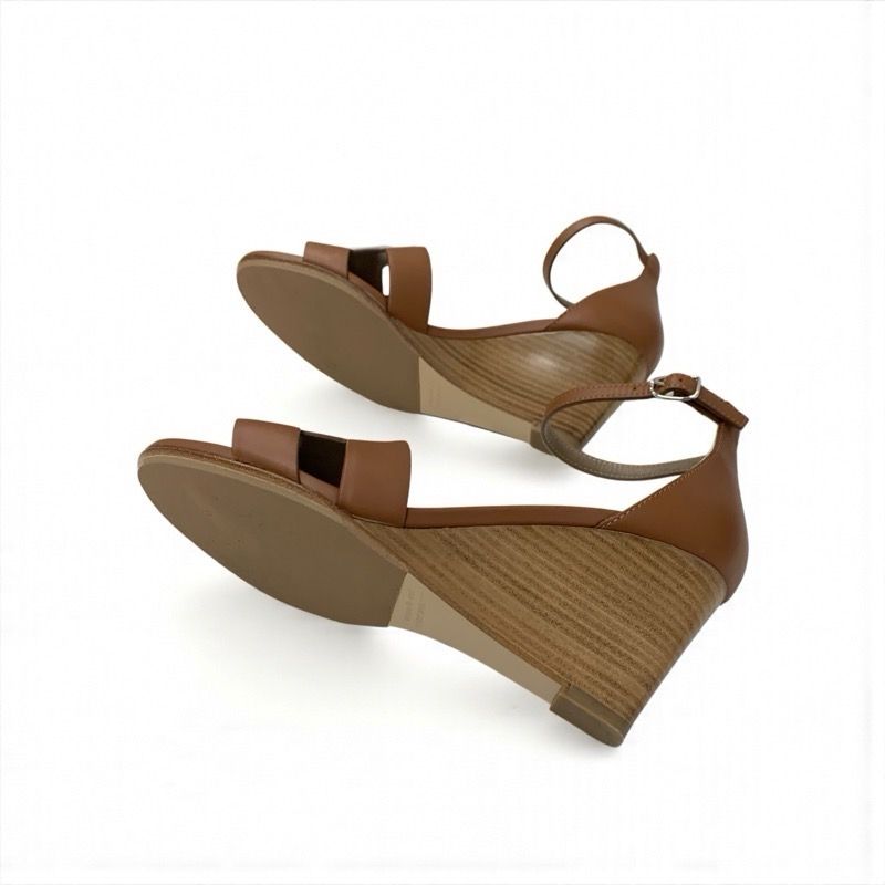 Hermes Legend Sandals Shoes Leather Brown Ankle Strap Wedge Sole