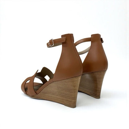 Hermes Legend Sandals Shoes Leather Brown Ankle Strap Wedge Sole