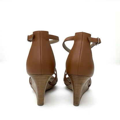 Hermes Legend Sandals Shoes Leather Brown Ankle Strap Wedge Sole