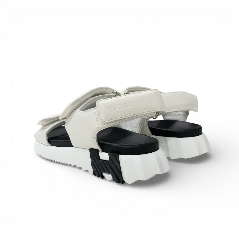 Hermes Junior Sandals Shoes Leather White Black Logo Velcro