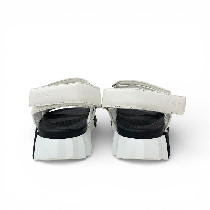 Hermes Junior Sandals Shoes Leather White Black Logo Velcro