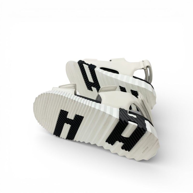 Hermes Junior Sandals Shoes Leather White Black Logo Velcro