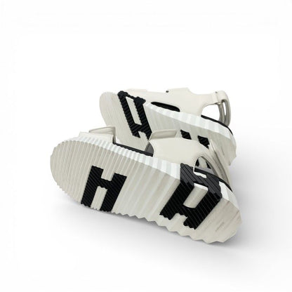 Hermes Junior Sandals Shoes Leather White Black Logo Velcro