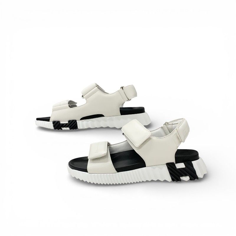Hermes Junior Sandals Shoes Leather White Black Logo Velcro