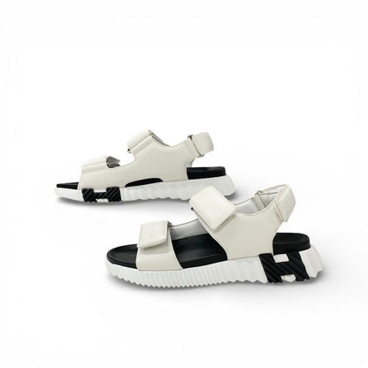 Hermes Junior Sandals Shoes Leather White Black Logo Velcro