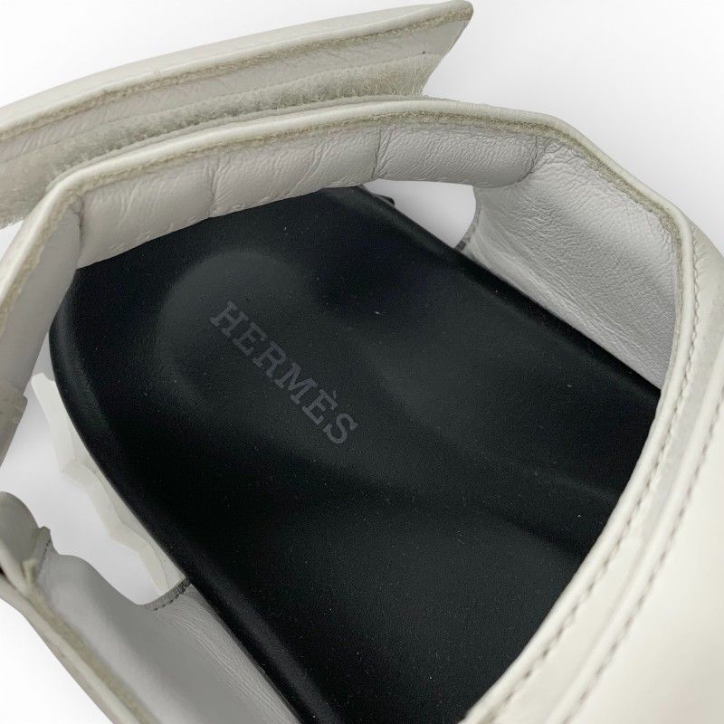 Hermes Junior Sandals Shoes Leather White Black Logo Velcro
