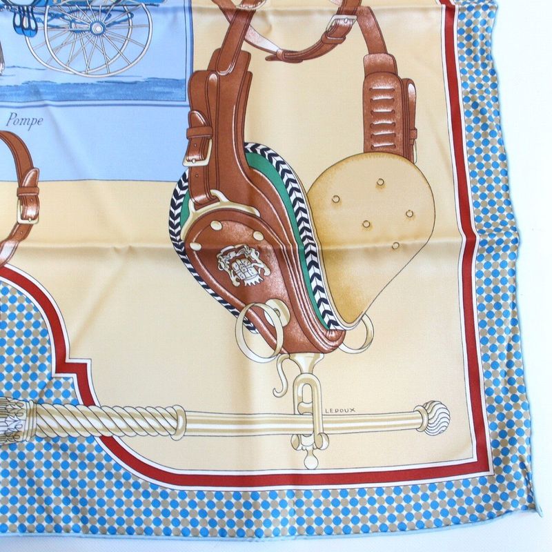 Hermes Carre 70 Scarf Carrick a Pompe Horse Tack Pattern Silk Blue Beige