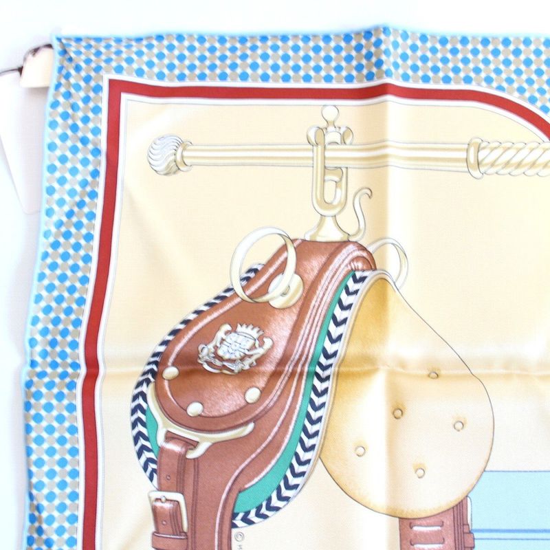 Hermes Carre 70 Scarf Carrick a Pompe Horse Tack Pattern Silk Blue Beige
