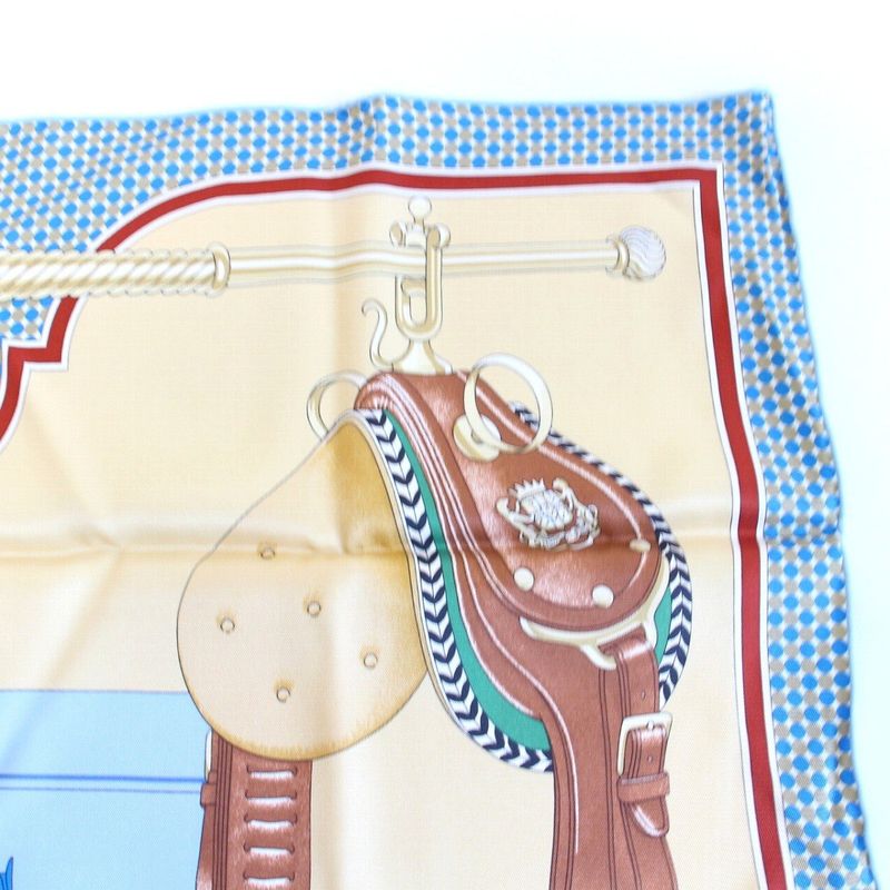 Hermes Carre 70 Scarf Carrick a Pompe Horse Tack Pattern Silk Blue Beige