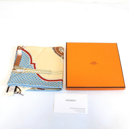 Hermes Carre 70 Scarf Carrick a Pompe Horse Tack Pattern Silk Blue Beige