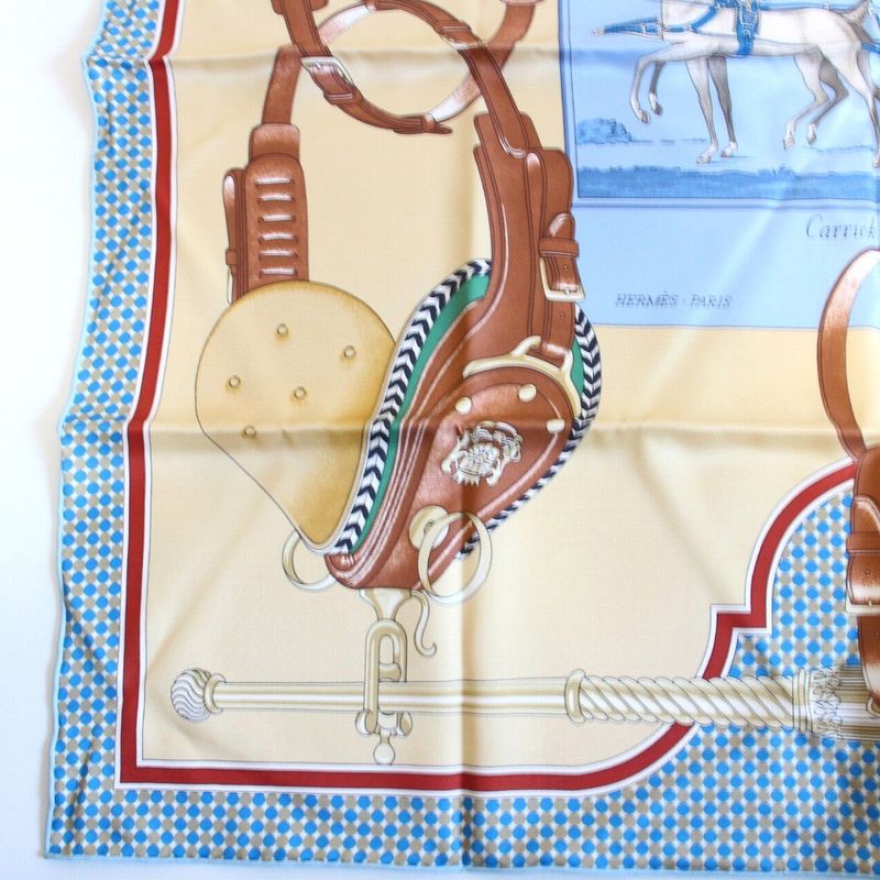 Hermes Carre 70 Scarf Carrick a Pompe Horse Tack Pattern Silk Blue Beige