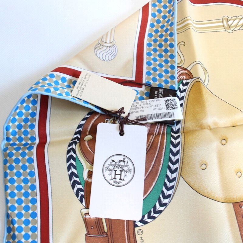 Hermes Carre 70 Scarf Carrick a Pompe Horse Tack Pattern Silk Blue Beige