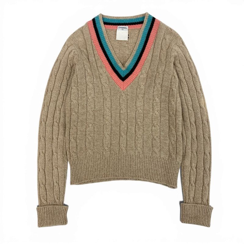 Chanel Cb9 Cashmere Screen Knit Long Sleeve Sweater CC Logo 42 Beige