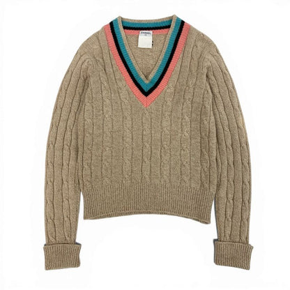 Chanel Cb9 Cashmere Screen Knit Long Sleeve Sweater CC Logo 42 Beige