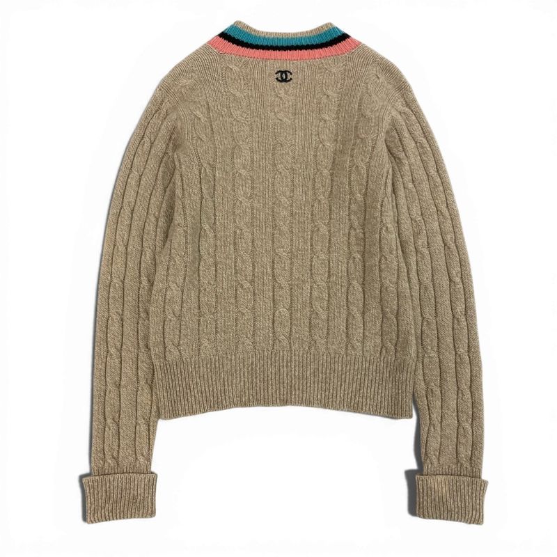 Chanel Cb9 Cashmere Screen Knit Long Sleeve Sweater CC Logo 42 Beige