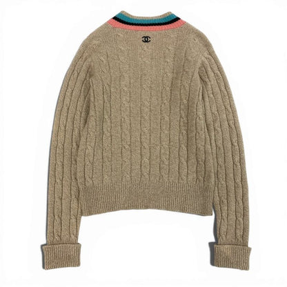 Chanel Cb9 Cashmere Screen Knit Long Sleeve Sweater CC Logo 42 Beige