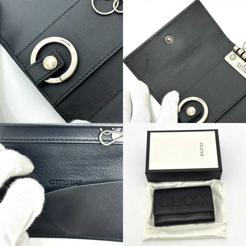 Gucci Key Case Embossed Logo Leather Black