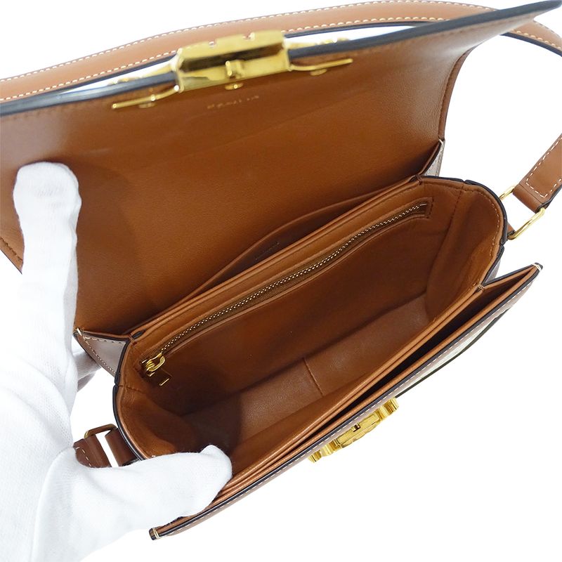 Celine Shoulder Bag Teen Triomphe Canvas White Brown Mini