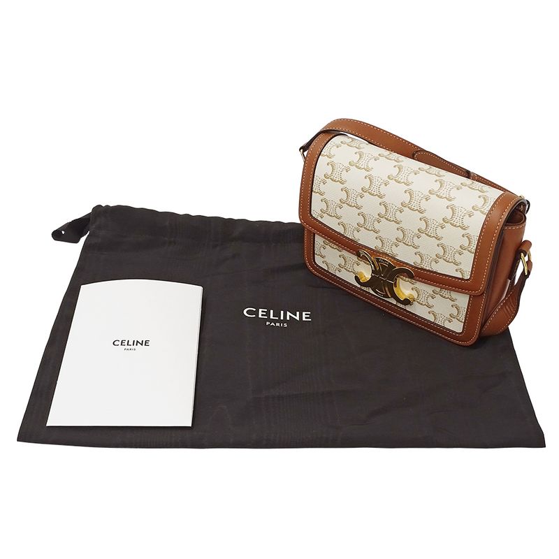 Celine Shoulder Bag Teen Triomphe Canvas White Brown Mini
