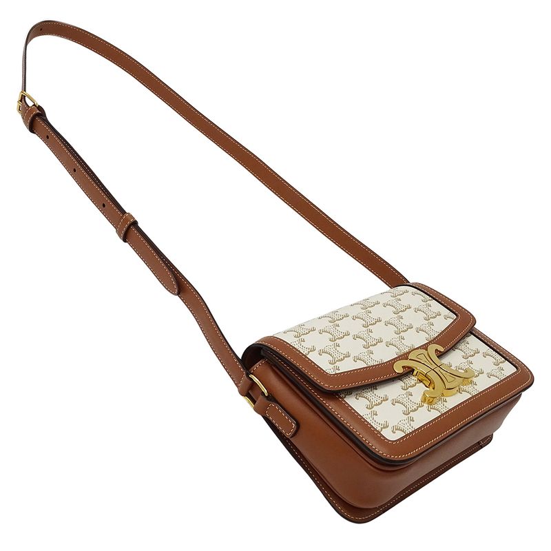 Celine Shoulder Bag Teen Triomphe Canvas White Brown Mini