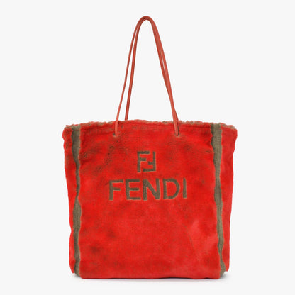 Fendi Tote Bag Rabbit Fur Leather Red Gold