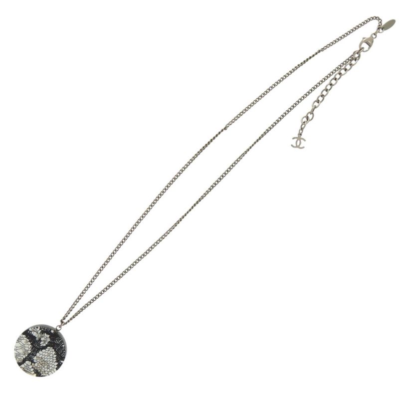 Chanel CC Logo Lace Faux Pearl Stone Resin Necklace Silver Black